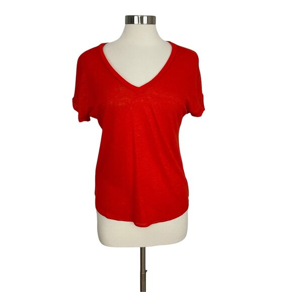 Sandro SMALL 1 Red Pink Linen Blend Color Block Lightweight Short Sleeve T-Shirt - Picture 2 of 9